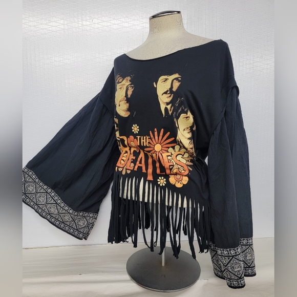 Beatles Band Fringe Top With Hippie Bell Sleeves Upcycled - Picture 6 of 9